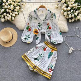 Women's Tracksuits 2022 Summer Women's Casual Button White Letter Flower Print Sets Two Pieces Lantern Sleeve Shirt And Shorts Set