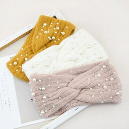 New Fashion Women Headband Warm Casual Knitted Headwear Pearls Turban Winter Elastic Hair Band Hair Accessories