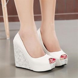 New white wedge heel bride wedding shoes blue peep toe high heel platform bridesmaid shoes 2 Colours size 34 to 39246b