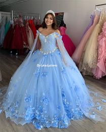 Princess Mexican Pink Quinceanera Dresses 2023 3D Floral Flower With Cape Vestido De 15 XV Anos Luxury Sweet 16 Prom Dress Ball Gown Birthday Party Lilac Blue Dress