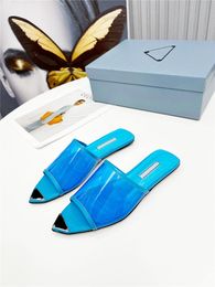 Designer Luxury Womens Logo-print Plexiglas iconic Enamelled metal triangle logo Blue metallic leather insole Flip Flop Slipper With Box