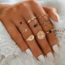 Wedding Rings 8 Piece/Set Fashion Bohemian Personality Creative Black Oil Drop Love Star Ring Chain Party Jewelry Engagement Woman