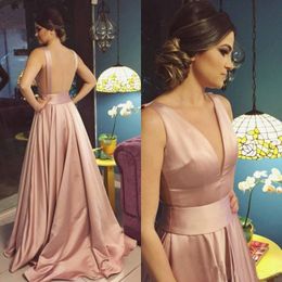 Blush Pink Long Prom Dresses Formal Occasion Gowns Deep V-Neck Backless Evening Gown A-Line Girls Party Dress Graduation Vestido