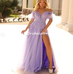 Beautiful Lilac Prom Dresses With Florals Sexy High Slit A Line Evening Dress Short Sleeve Tulle Formal Birthday Party Dress Vestidos De Fiesta Graduation Gown