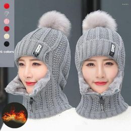 Cycling Caps Women Wool Knitted Hat Ski Sets Windproof Winter Outdoor Knit Thick Siamese Scarf Collar Warm Pompoms Female Fashion