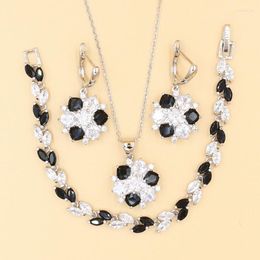 Necklace Earrings Set Fashion 925 Silver Color Bridal For Women Black And White Zircon Bracelet Necklaces Dangle Drop Gift Box