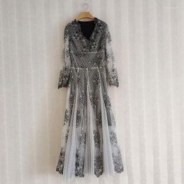 Casual Dresses XXL Long Party Evening Vestidos 2022 Spring Women V-Neck Hollow Out Embroidery Sleeve Elegant Lace Maxi Gown Dress