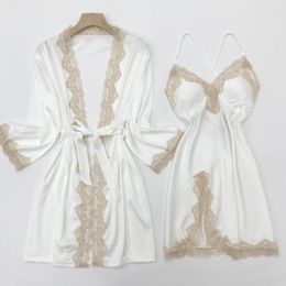 Women's Sleepwear White Bride Bridesmaid Wedding Robe Set Sexy Full Slip Lace Nightgown Summer Silk Satin Kimono Bath Gown Home Dress