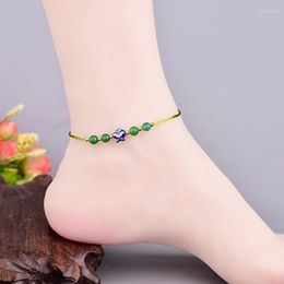 Anklets Ethnic Style Retro Cloisonne Small Fish Foot Rope Temperamental Elegant Green Agates Beads Adjustable Size Anklet Women