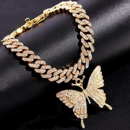 Anklets Hip Hop Full Rhinestones Paved Butterfly Pendant Anklet Bracelet For Women Bling Iced Out Cuban Link Chain Beach Jewellery