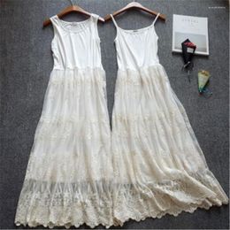Casual Dresses 2022 Korean Modal Mori Girl Sweet Dress Women Sleeveless Femmes Black White Lace Layer Embroidery Hollow Out Underdress