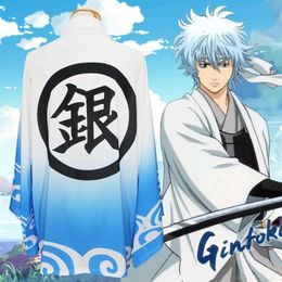 Une taille japonaise anime gintama sakata gintoki bleu cosplay costume unisexe haori mousseline baignoire kimono pyjamas cloak251p