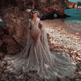 Elegant Mermaid Wedding Dresses V Neck Super Long Sleeves Bridal Gowns Custom Made Appliques Lace Sweep Train Robes