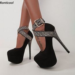 Ronticool New Arrival Women Platform Pumps Rhinestone Ankle Strap Stiletto Heels Round Toe Black Party Shoes US Plus Size 5-20