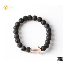 Beaded Strands Wholesale Men Bracelet Real Natural Stone Bead Anchor Bracelets For Women Matte Black Lava Volcanic Rock Meditation Dhxs9