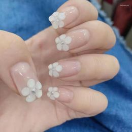 False Nails 24pcs Pink Transparent Glue 2022 Flower Design Oval Press On Fake Manually Removable Plastic Nail Art For Girl