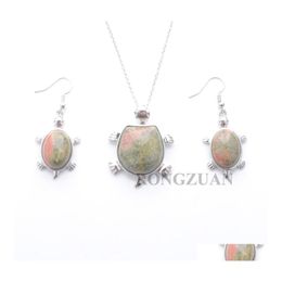 Earrings Necklace Fashion Jewelry Set Dangle For Women Natural Stone Unakite Jasper Tortoise Shape Pendant Chain 18 Dq3104 Drop De Dh78Y