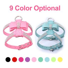 Dog Collars Leashes Dog Harness Leash Suit Vest Shining Diamonds Adjustable Soft Suede Fabric Bow Rhinestone Pet Collar Harnesses For Dogs Products T221212