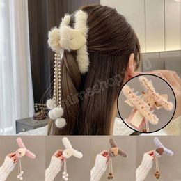 Long Pearl Tassel Plush Hair Claw Bow Furry Faux Fur Clamp for Women Hair Accessories Love Heart Fluffy Hair Clip Hairpins