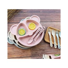 Food Savers Storage Containers Wheat St Plate Cartoon Baby Kids Tablewares Sets Dinnerware Feeding Foods Dishes Bowl Set With Spoo Ot4If