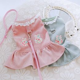 Dog Collars Leashes Rabbit Floral Dog Harness Dresses Lace Pet Vest Coat With Tutu Skirt Pink Green Summer Spring New Cat Outfit Apparel Chihuahua T221212