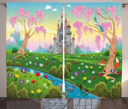 Curtain Cartoon Curtains Fairy Tale Castle Scenery In Floral Garden Princess Kids Girls Fantasy Picture Living Room Bedroom Window Drape