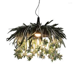 Pendant Lamps Nordic Round 45cm Black Paint Aluminium LED E27 Cord Hanging Froral Chandelier With Fake Plant For Restaurant Bar