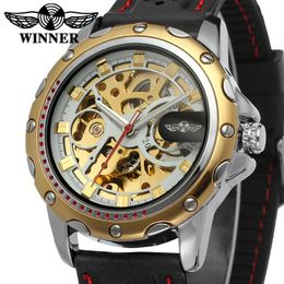 NEW WINNER Fashion Men's Silicone sports Watch Skeleton Hand-Winding Mechanical Wristwatch military clock Erkek Kol Saati285k