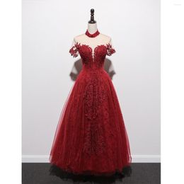 Ethnic Clothing 2022 Women Burgundy Lace Beading Wedding Gown Formal Sexy Backless Long A-line Tulle Prom Dress Toast Vestidos