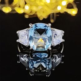 Wedding Rings 2022 Arrival Luxury Blue Cushion Engagement Ring For Women Anniversary Gift Jewellery Wholesale R7435