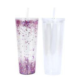 24oz Double Walled Snow Globe Acrylic Tumblers with Flat Lid Straw Clear Plastic Drinking Beverage Cup with Hole To Fill Glitter FY5520