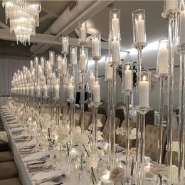 5 Arm Standing Crystal Clear Acrylic Pillar Candle Holder Display Stands Floor Candlelabra for Party Mariage Wedding Centerpieces Ocean Express