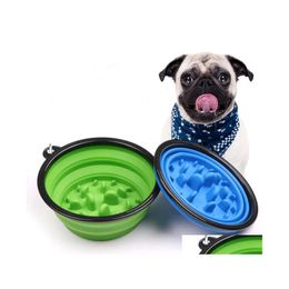 Dog Bowls Feeders Collapsible Pet Cat Feeding Bowl Slow Food Water Dish Feeder Sile Foldable Choke For Outdoor Travel 9 Colours Wq2 Otfr9