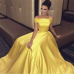 Long Prom Dress Off The Shoulder Yellow Satin Vestido de Festa New Floor Length Formal Party Gown Evening Dresses With Pocket