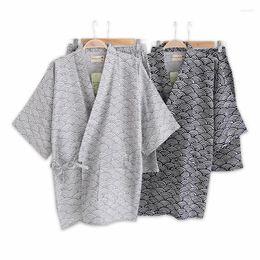 Men's Sleepwear Cotton Shorts Kimono Pajamas Sets Men Fashion Wave Short Sleeves Japanese Bathrobes Bedgown