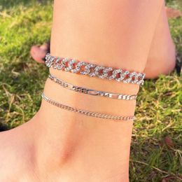 Anklets JUST FEEL Hip Hop Iced Out Cuban Chain Bracelet For Women Shiny Crystal Tennis Anklet Beach Sandals Foot Jewellery