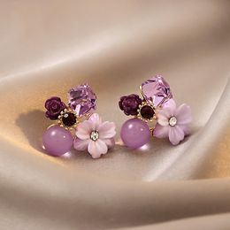 Purple Crystal Flower Stud Earrings For Woman Fashion Jewellery Wedding Party Girl Elegance Set Accessories