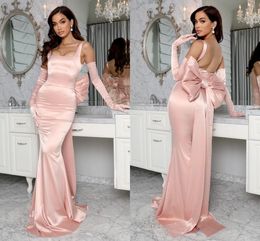 Simple Blush Pink Mermaid Evening Dresses Elegant Floor Length Satin Big Back Bow Evening Formal Party Second Reception Birthday Pageant Dress Prom Gowns Custom