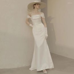 Ethnic Clothing Women French Simple White Satin Wedding Dress Elegant Off-shoulder Party Long Tailing Prom