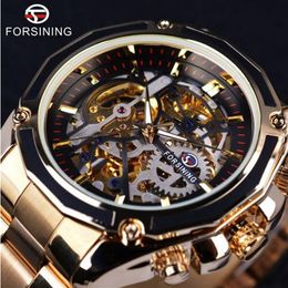 Forsining Steampunk Gear Design Transparent Case Automatic Watch Gold Stainless Steel Skeleton Luxury Men Watch Top Brand Luxury W270y