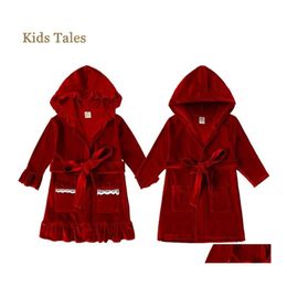 Pyjamas Christmas Kids Baby Girls Boy Sleepwear Red Veet Long Sleeve Hooded Cardigans Coats Outerwear With Pocket Toddler Set Drop D Dhgde