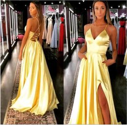 Sexy Slit V Neck Satin Yellow Evening Dresses Long Hot A Line Cris-cross Back Prom Dress Formal Party Gown Robe de soiree