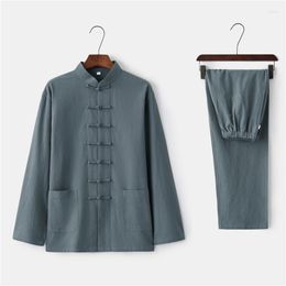 Ethnic Clothing Men's Cotton Linen Solid Colour Suit Chinese Style Long Sleeve Shirt&Long Pants Sets Tai Chi