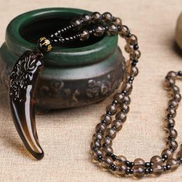 Pendant Necklaces Handmade Weave Obsidian Stone Wolf Tooth Long Beads Chain Necklace Ethnic Style Jewelry