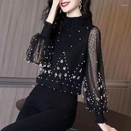Women's T Shirts Chiffon Bottoming Shirt Spring And Autumn Fashion Loose Female Foreign Style Beaded Long-sleeved T-shirt Women's Top