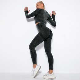 Black Yoga Pants Outfits Women Yoga Set Seamless Legggings Long Sleeve Workout Clothes Female Sports Suits Outdoor Apparel Ladies Fitness Wear Girl Sportswear