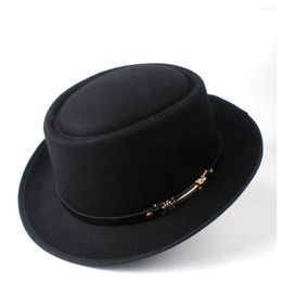 Berets Men Women Wool Pork Pie Hat With Leather Belt Outdoor Casual Panama Flat Fedora Jazz Size 58CM