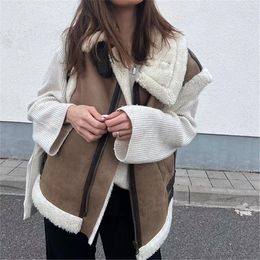 Women's Vests Autumn Winter Fur Lapel Vest Jacket Retro Lamb Hair Loose Zipper Suede Patchwork Thickened Waistcoat Sleeveless Chick Tops