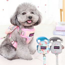 Dog Collars Leashes Floral Luxury Dog Harness Backpack With Leash Set Pet Cat Small Animal Collar With Little Purse School Bag Carrier Lead Products T221212