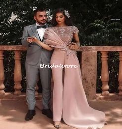 Arabic Jumpsuit Pant Prom Dresses With Train Short Sleeves Flowers Lace Pink Evening Dress 2023 Turkey Formal Party Engagement Women Robes De Soiree Vestios Festia